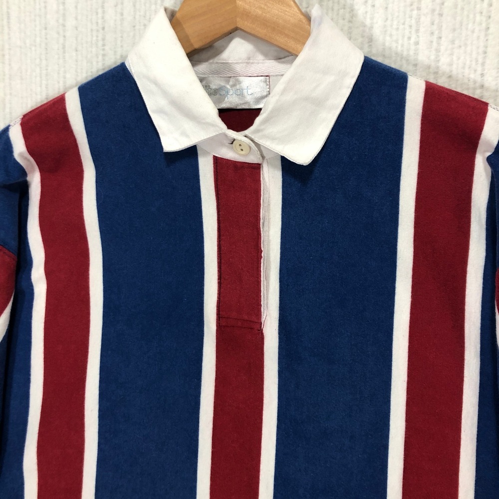 Elite Sport Rugby Shirt Long Sleeve Blue Red White Stripe‎ Collared Button